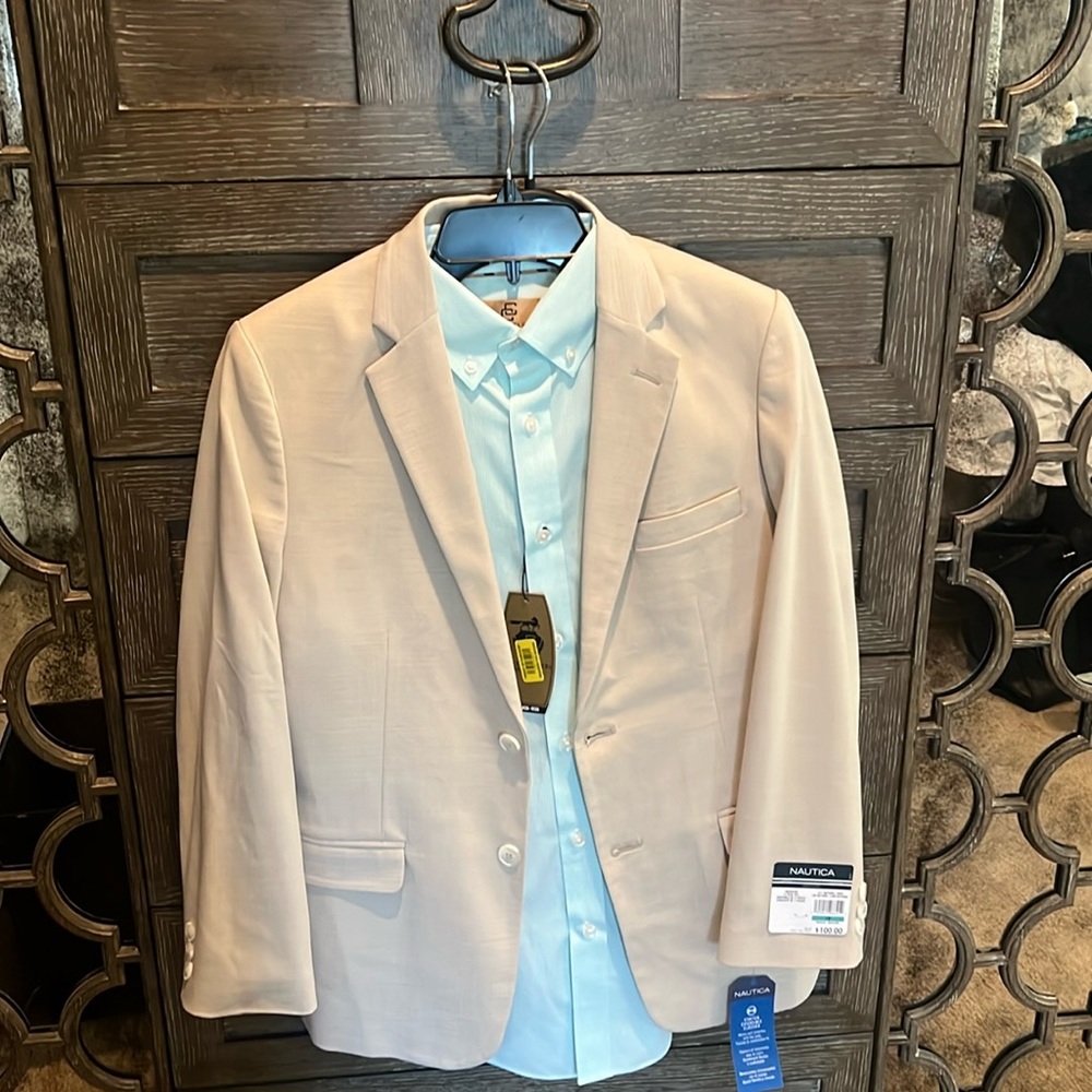 Big boys Nautica Suit color Natural Linen with Mint Green button down shirt